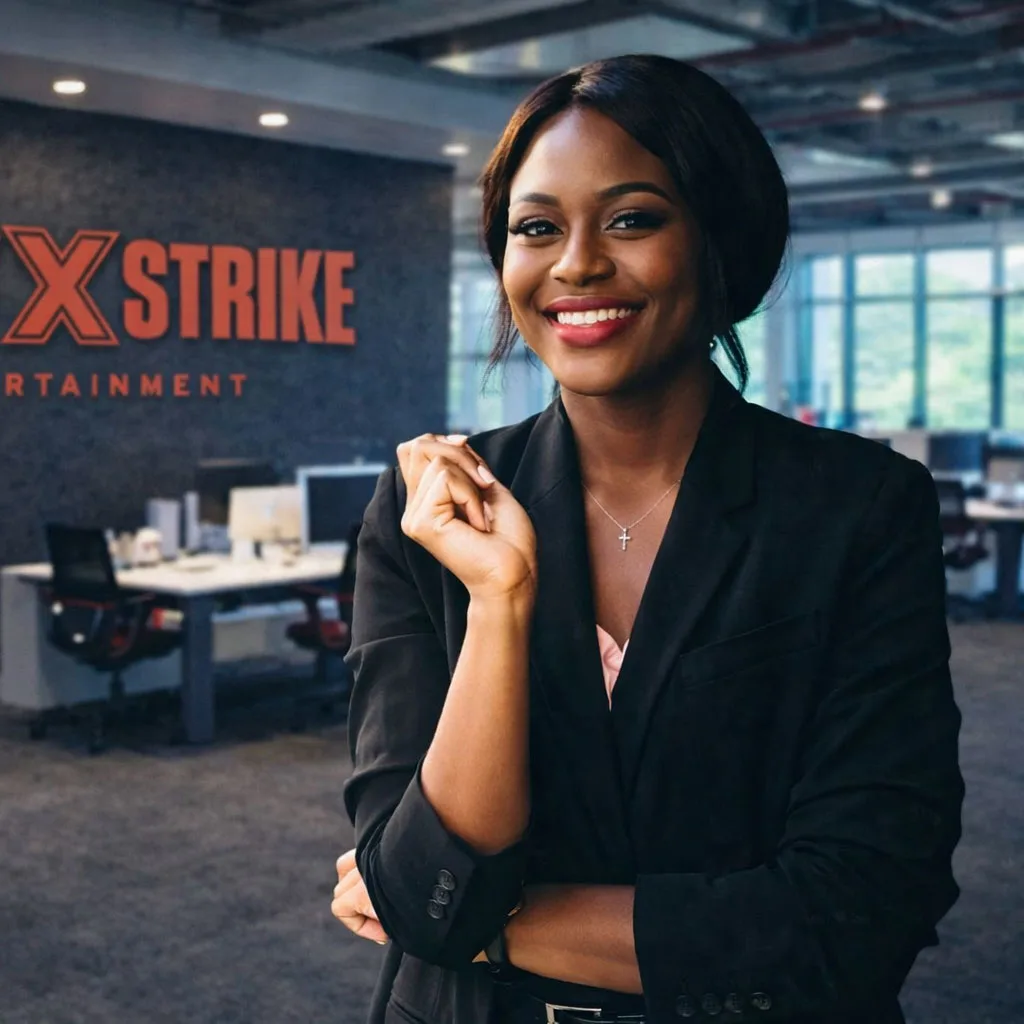 Woman holding glasses with an office in the background.