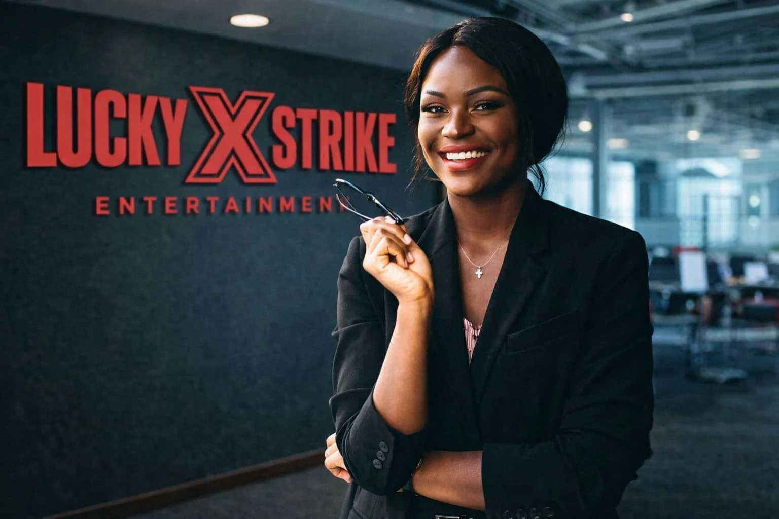 Woman holding glasses with an office in the background.