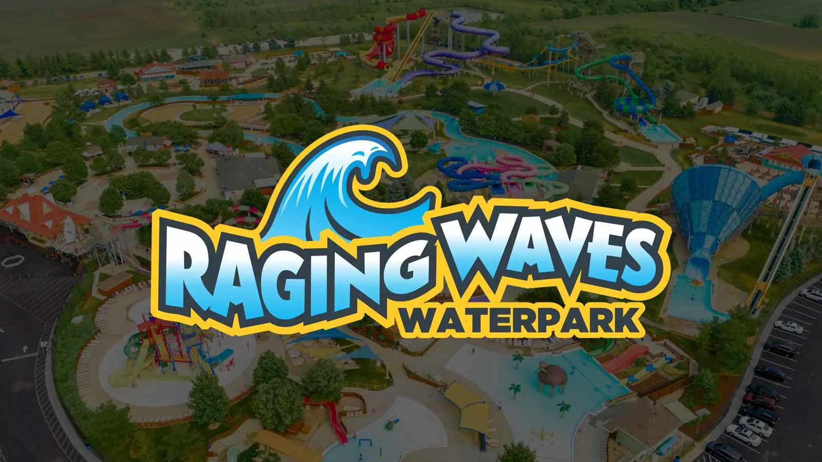 Raging Waves Waterpark aerial view with colorful water slides and the Raging Waves Waterpark logo.