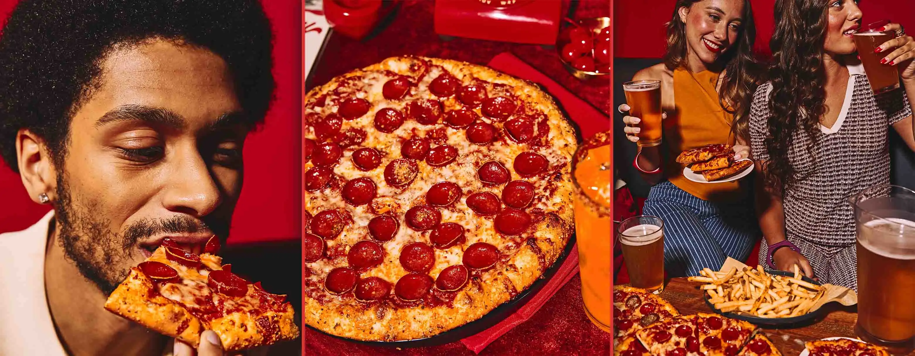 People eating pizza and drinking beer