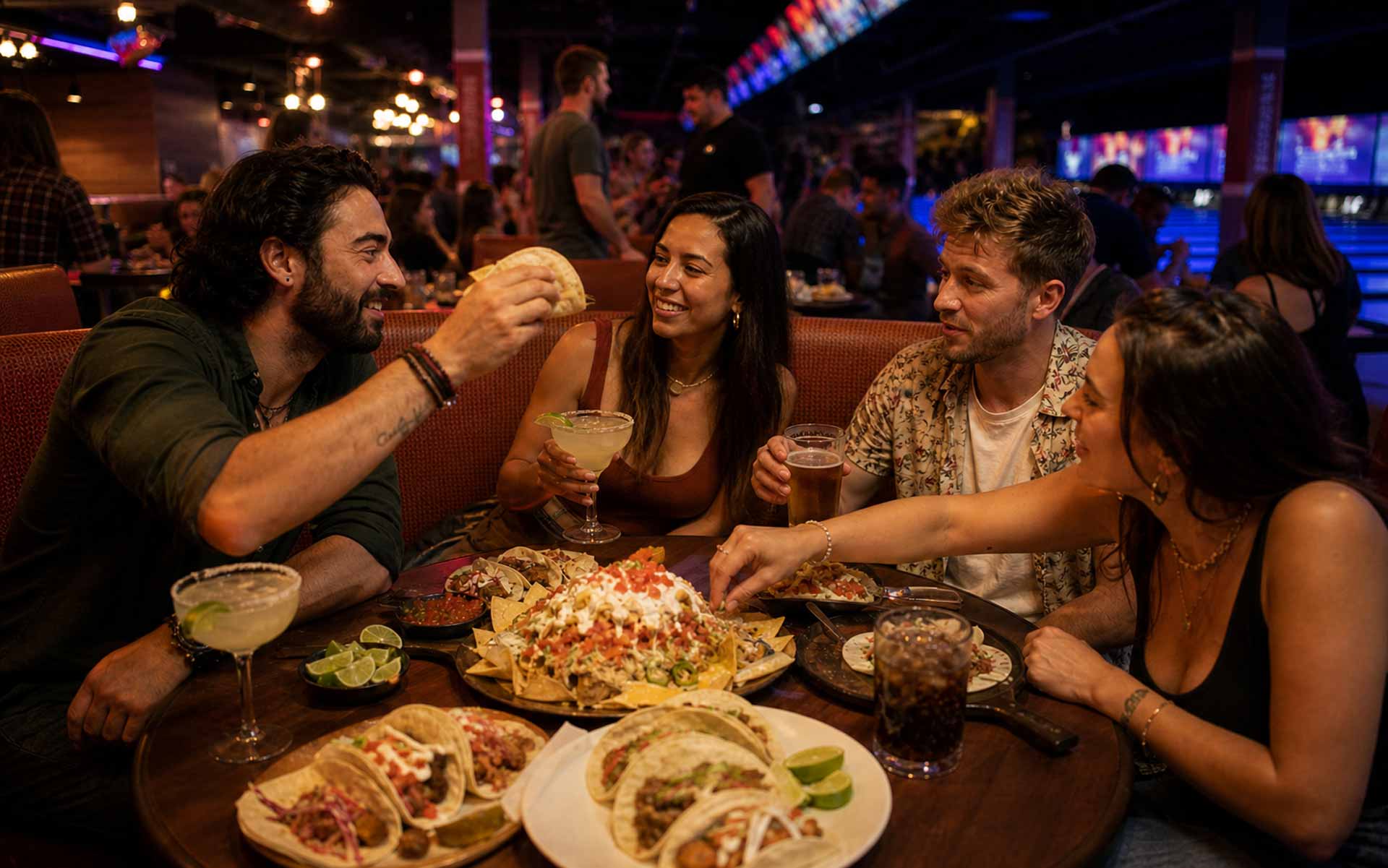 Cinco de Mayo celebration at a bowling alley with four young adults in a booth enjoying tacos, nachos, margaritas, and drinks, laughing and toasting with bowling lanes and blue LED lights in the background.