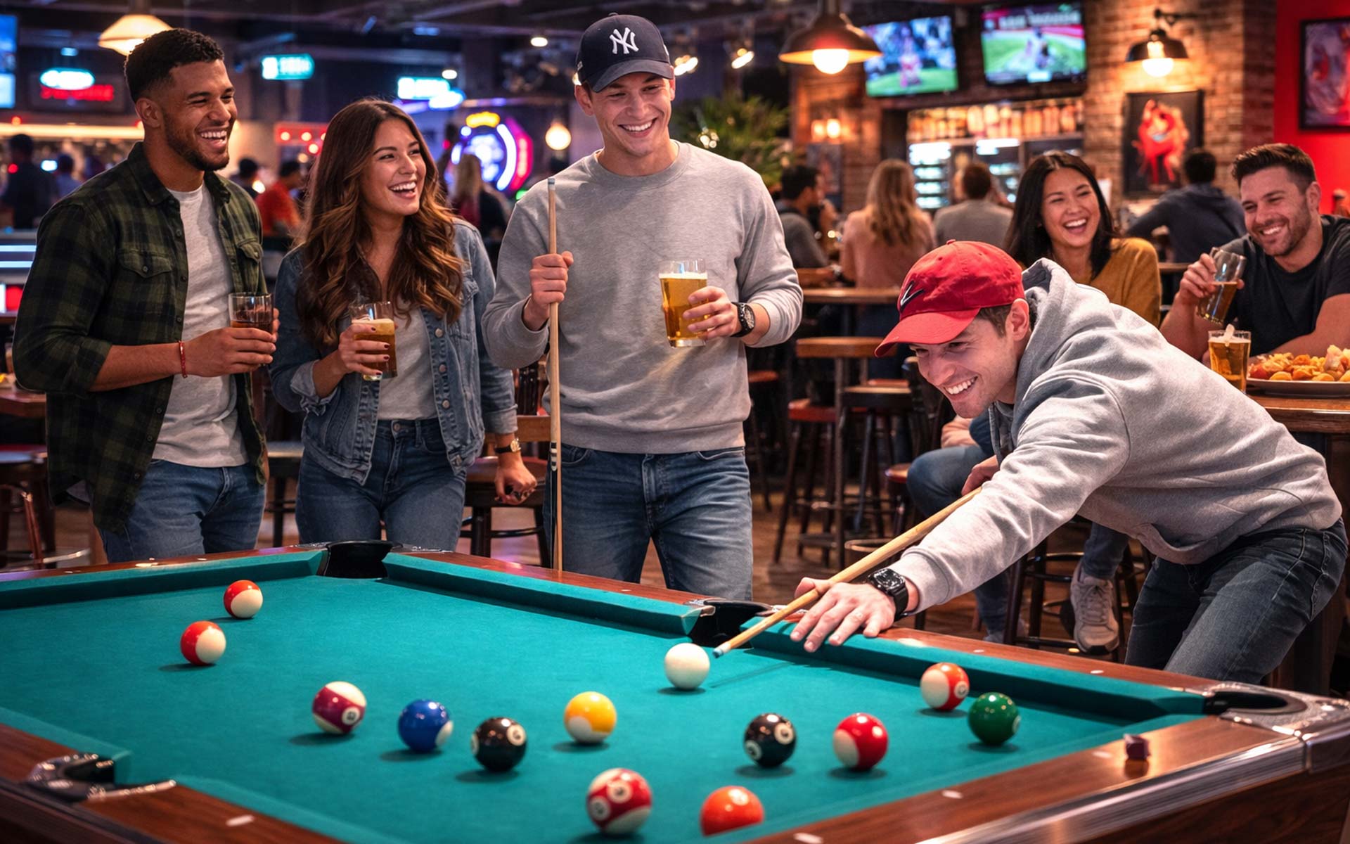 Group of friends gathered around a pool table in a lively bar and arcade setting, smiling and holding drinks while one man leans in to take a shot, surrounded by warm lighting, TVs, and a social, energetic atmosphere.