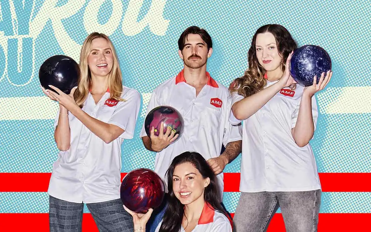 Four league bowlers in AMF-branded white polo shirts holding bowling balls against a light blue halftone background with red stripes.