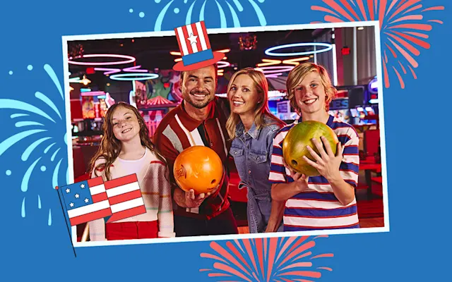 Fourth of July themed image with two adults and two kids at a bowling center.