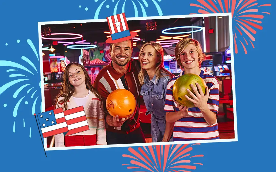 Fourth of July themed image with two adults and two kids at a bowling center.