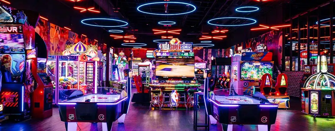 Big arcade with lots of games and neon lights