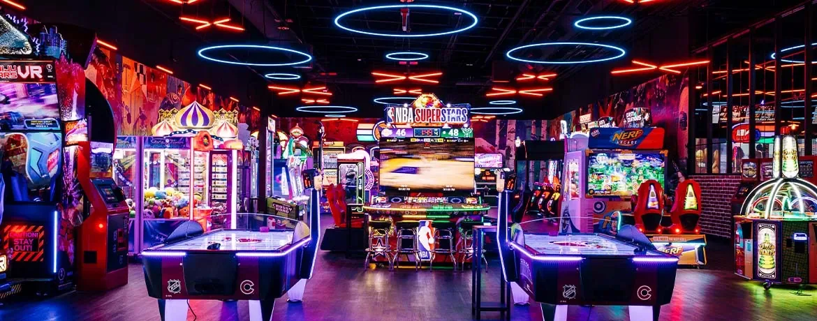 Big arcade with lots of games and neon lights