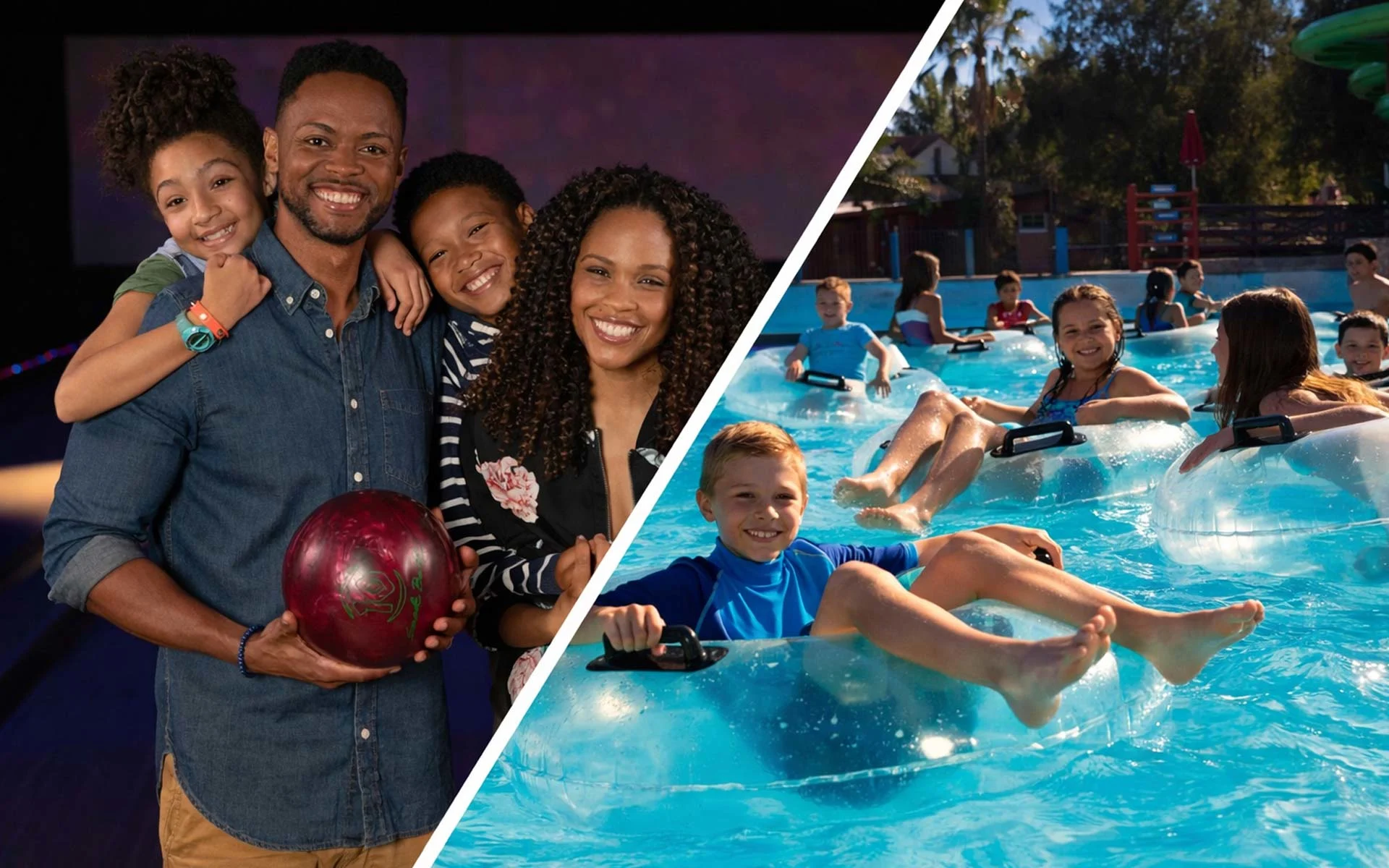 Smiling family at a bowling alley paired with children relaxing on inner tubes in a bright outdoor water park, shown in a diagonal split image.