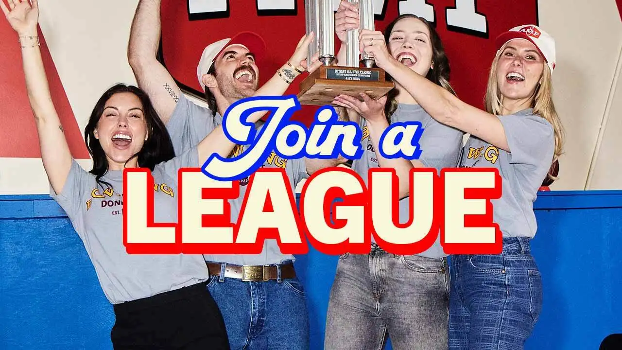 Bowling team celebrating a league victory with the words "Join a League" over the image.