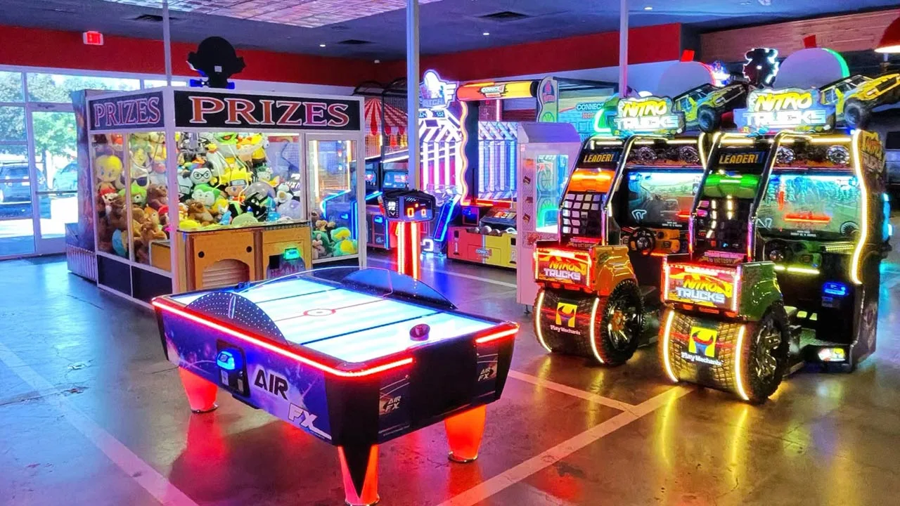 Large and colorful arcade games in a beautiful arcade room