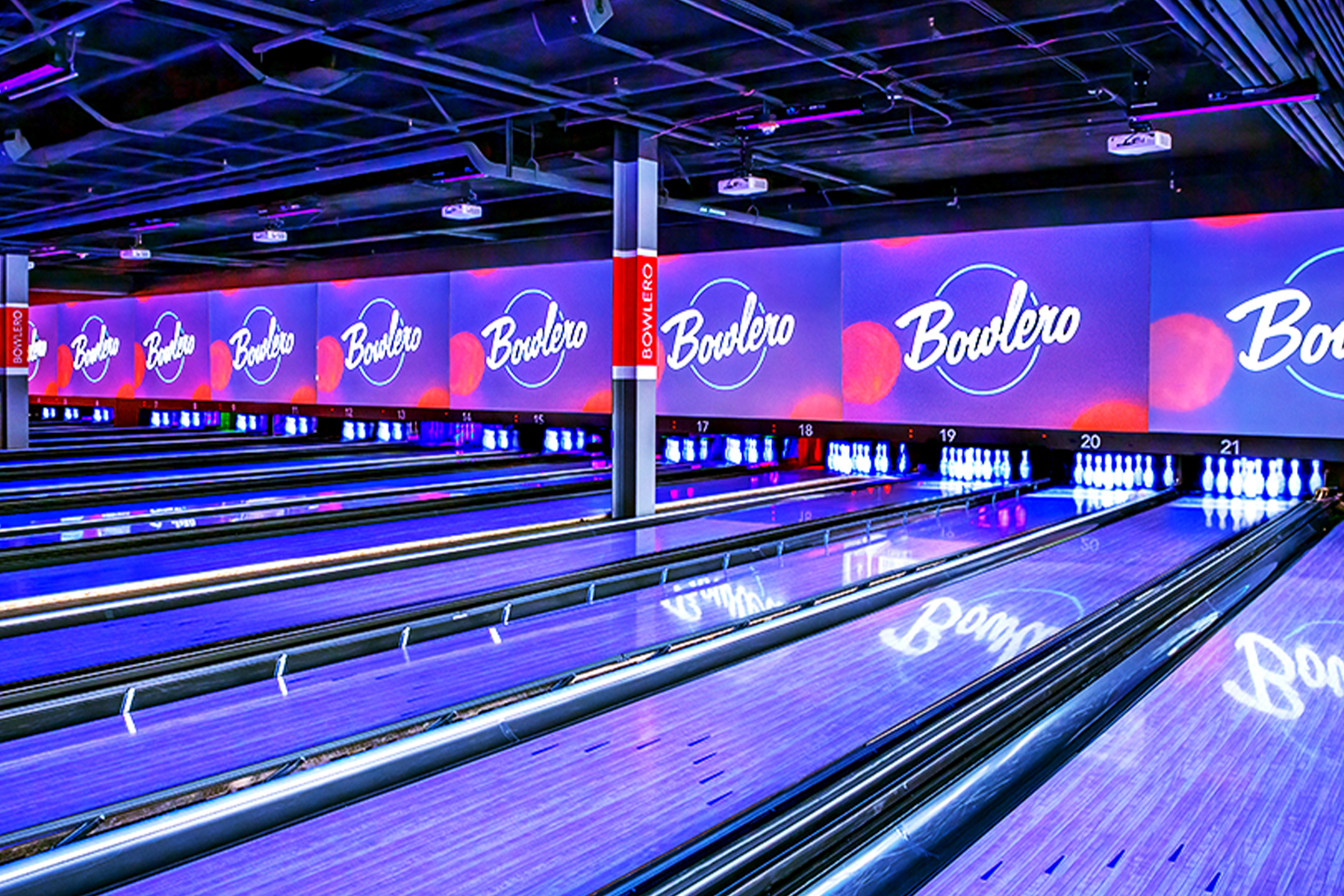 Beautiful bowling center with lots of black light lanes