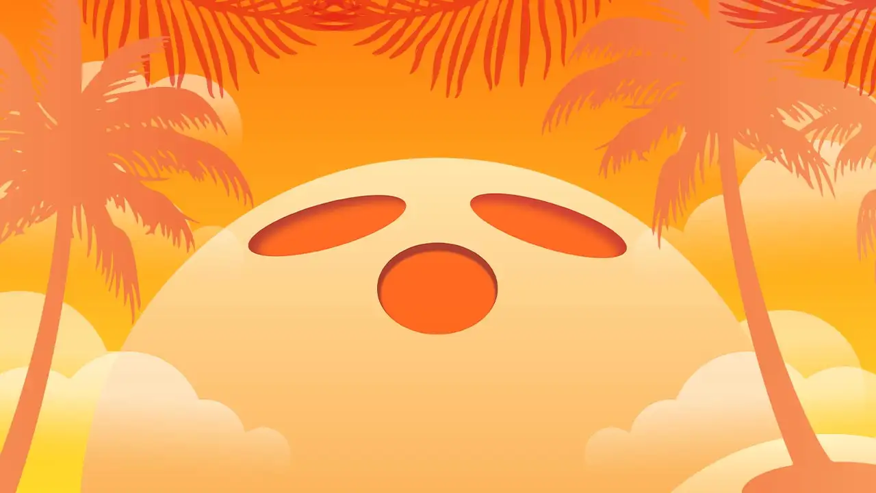 Tropical sunset bowling banner with palm trees, ocean-blue gradient, bowling pins, and bowling balls framing an open summer scene.