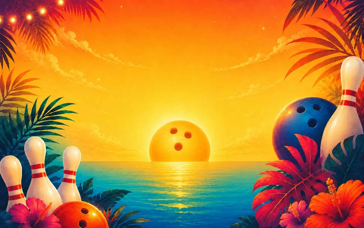 Tropical sunset bowling banner with palm trees, ocean-blue gradient, bowling pins, and bowling balls framing an open summer scene.