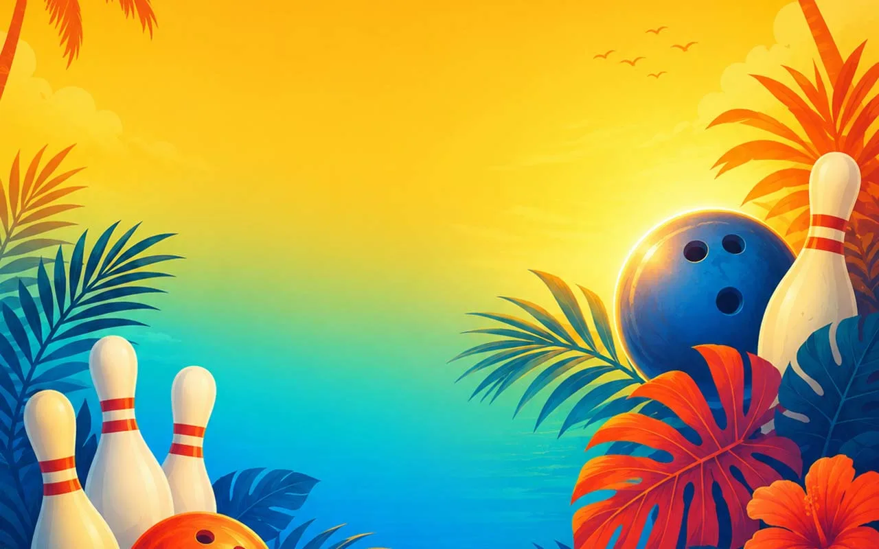 Tropical sunset bowling banner with palm trees, ocean-blue gradient, bowling pins, and bowling balls framing an open summer scene.