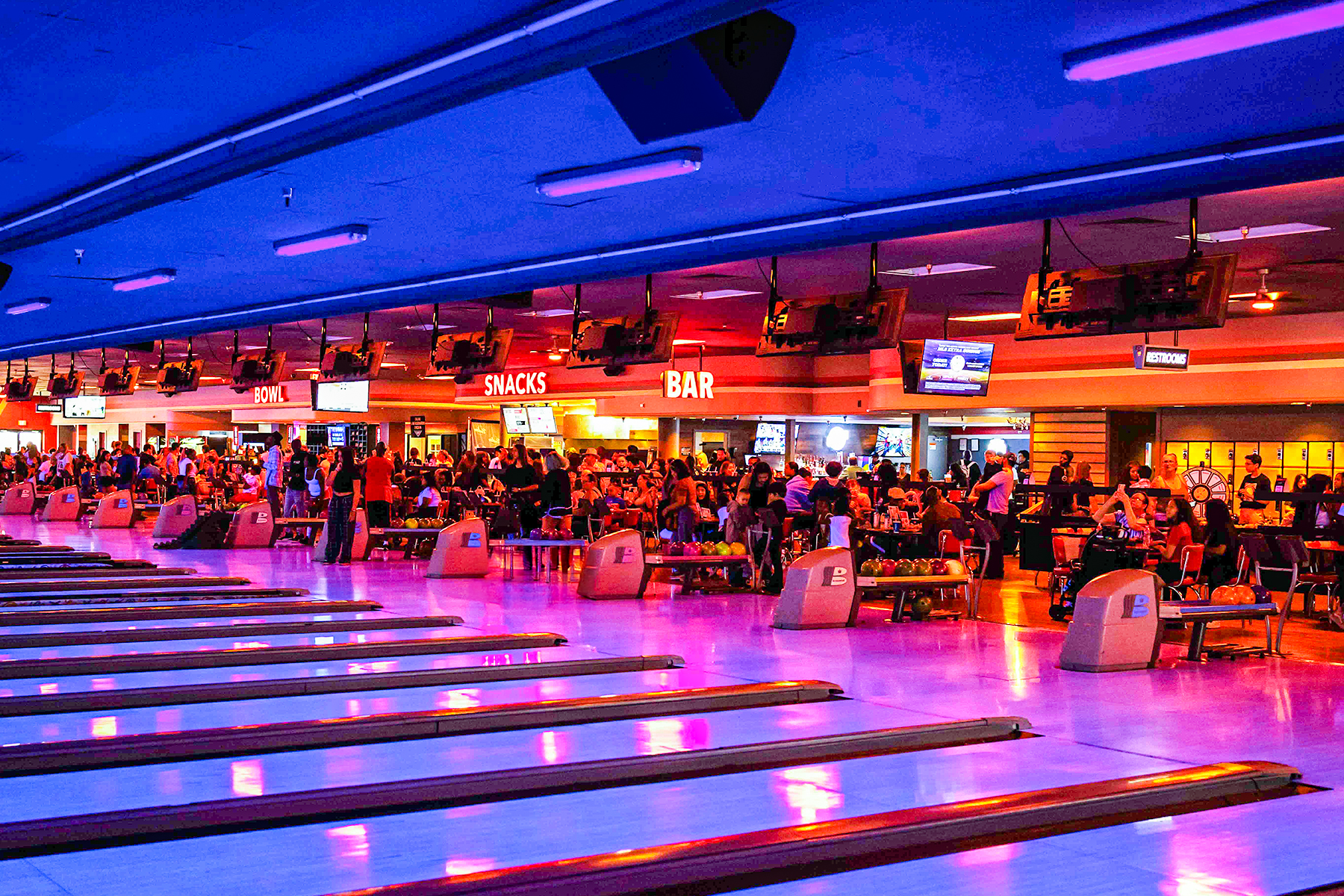 Beautiful bowling center with lots of black light lanes