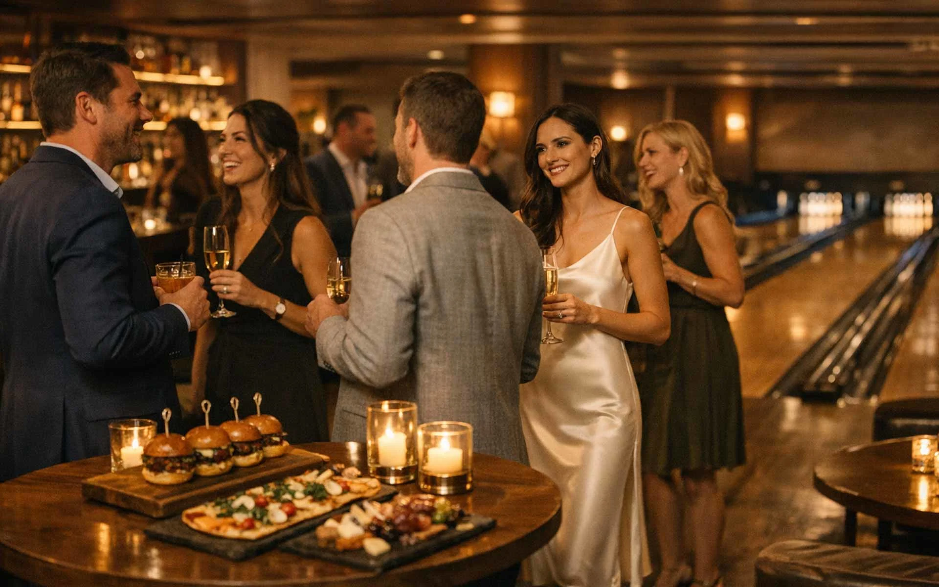 Sophisticated wedding welcome party inside an upscale bowling venue, where well-dressed guests socialize with champagne and cocktails beside warmly lit lanes and a candlelit table of sliders, flatbreads, and charcuterie.