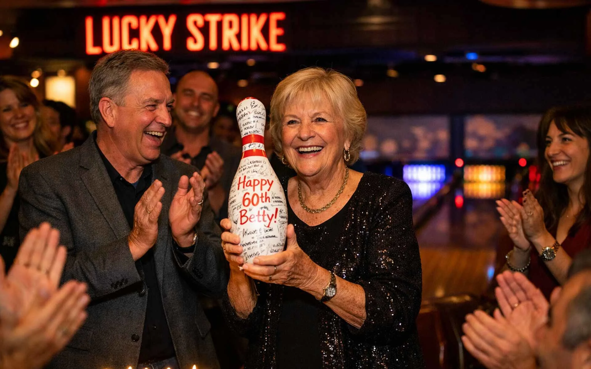 60th birthday party at Lucky Strike bowling alley with smiling woman holding signed bowling pin, surrounded by guests clapping in an upscale venue with neon lights and polished lanes.