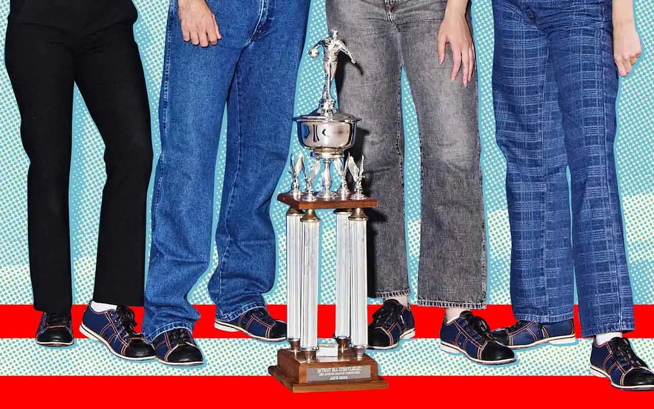 Bowlers in rental shoes standing around a bowling trophy against a blue halftone background with a red stripe