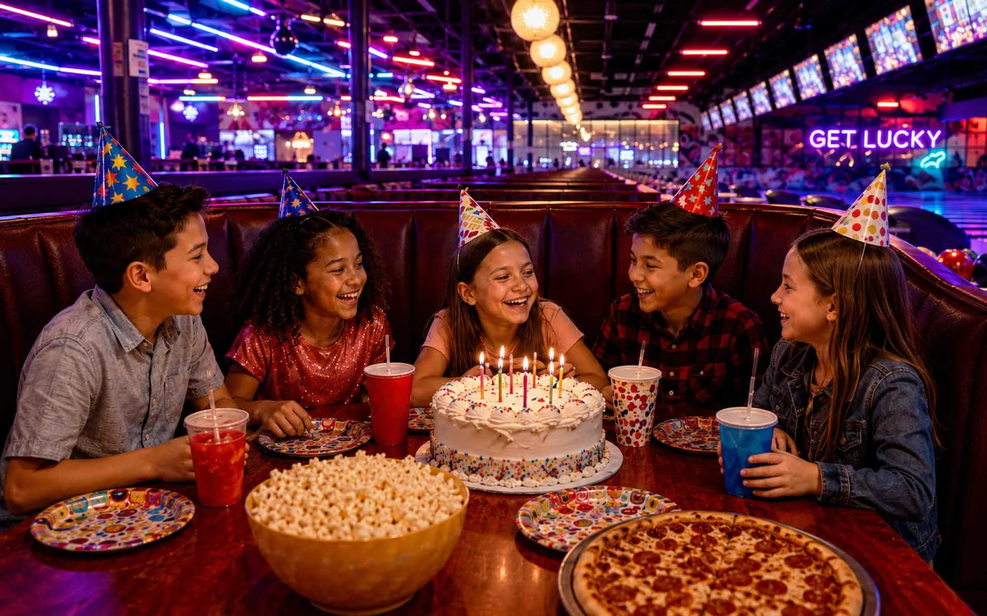 Upscale kids birthday bowling party with neon lounge lighting, arcade games, pizza, colorful drinks, and kids celebrating in a modern entertainment venue.