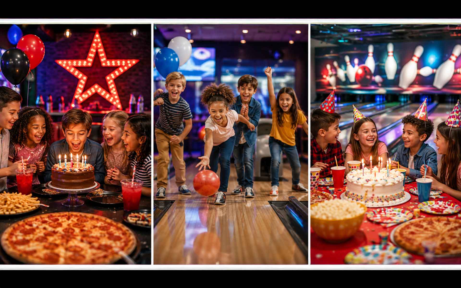 Upscale kids birthday bowling party with neon lounge lighting, arcade games, pizza, colorful drinks, and kids celebrating in a modern entertainment venue.