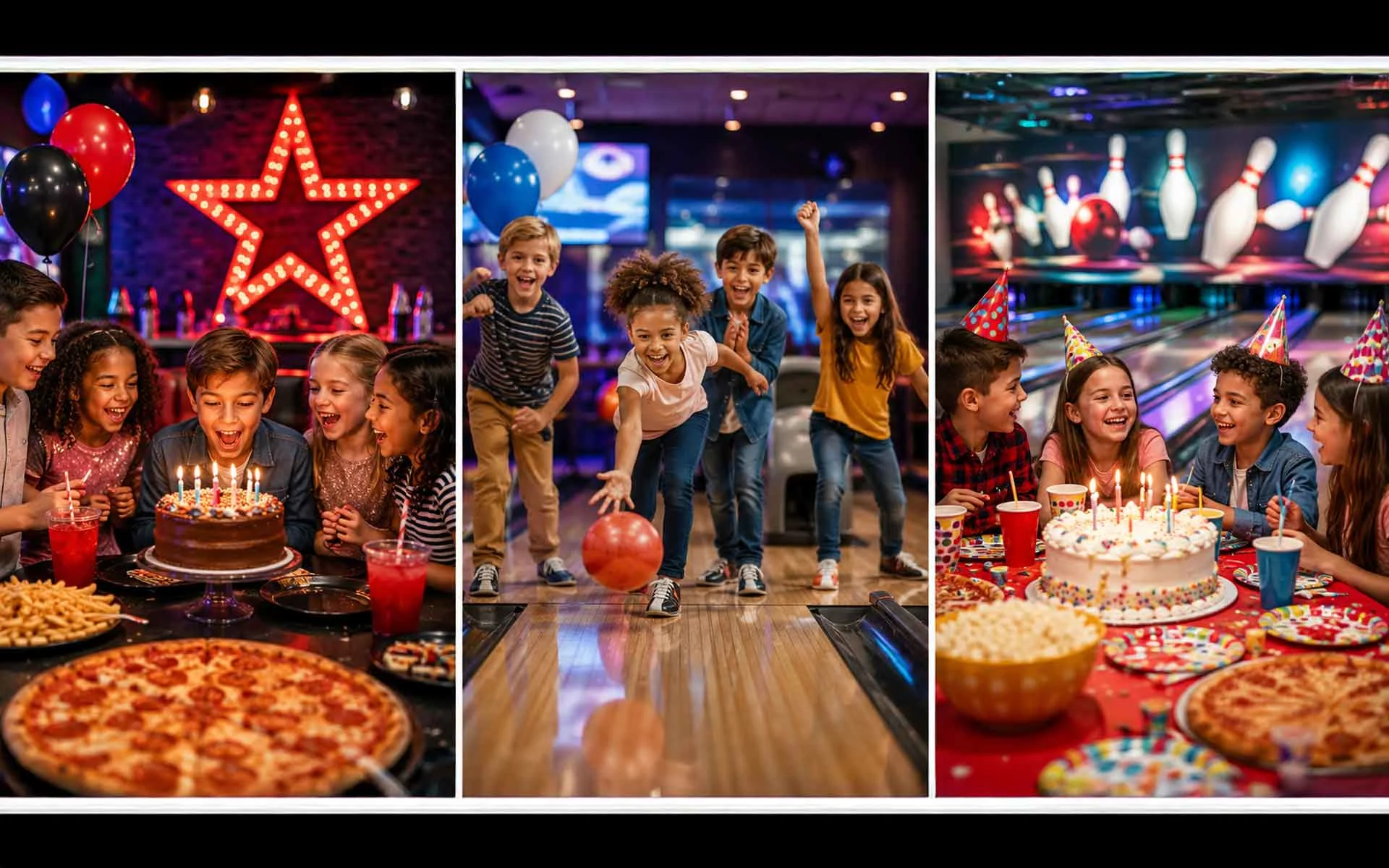 Upscale kids birthday bowling party with neon lounge lighting, arcade games, pizza, colorful drinks, and kids celebrating in a modern entertainment venue.