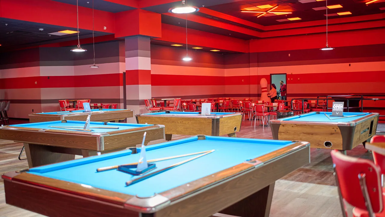 Beautiful billiards tables in a large bowling center