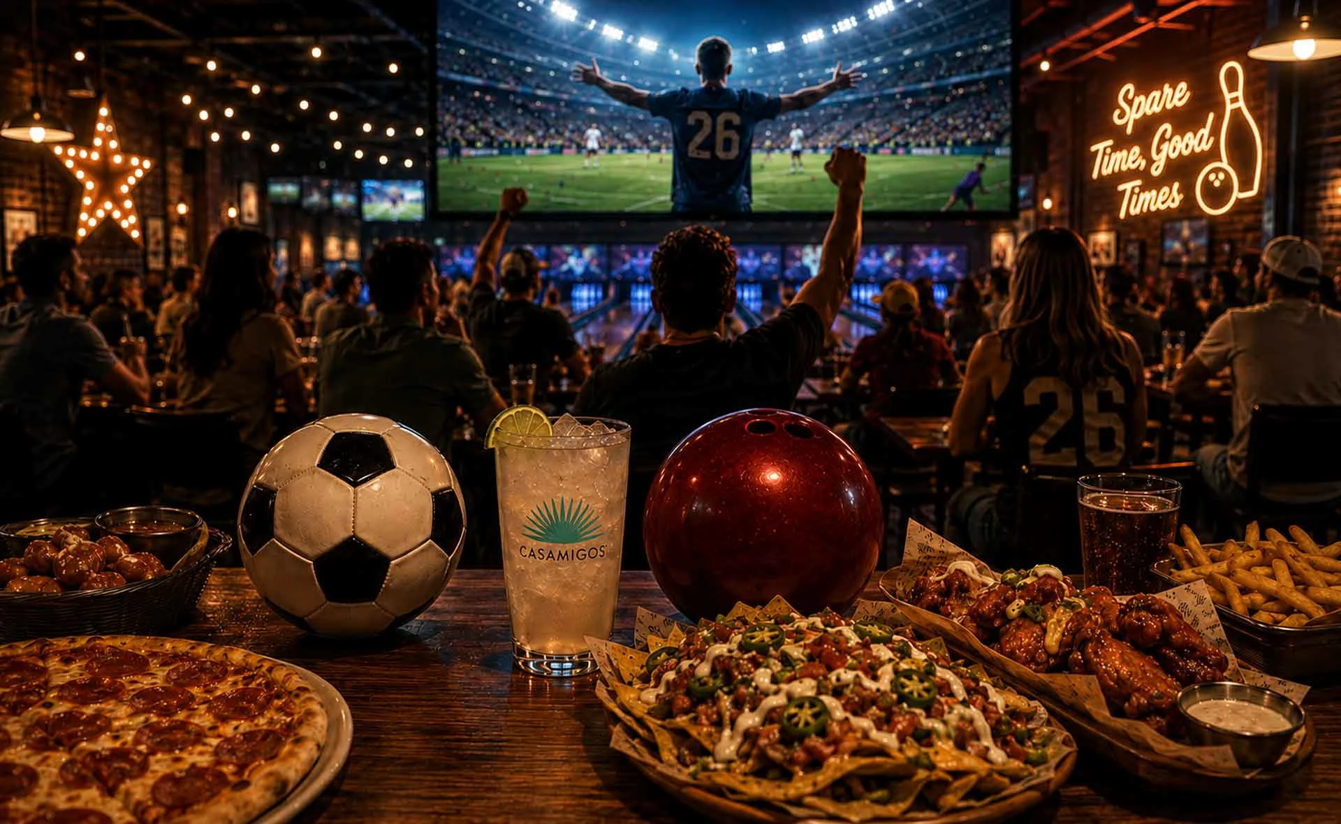 Crowd watching a live soccer match inside a modern bowling and sports bar with pizza, wings, nachos, cocktails, bowling lanes, and neon “Spare Time, Good Times” sign.