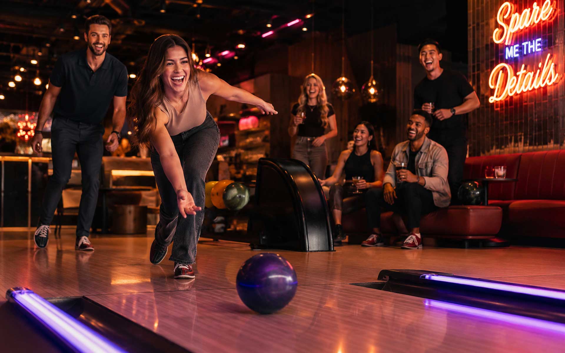 A lively group of adults in their late 20s and early 30s enjoying a night out at a modern bowling alley with neon-lit lanes, lounge seating, drinks, and friends cheering as a woman bowls down the lane.