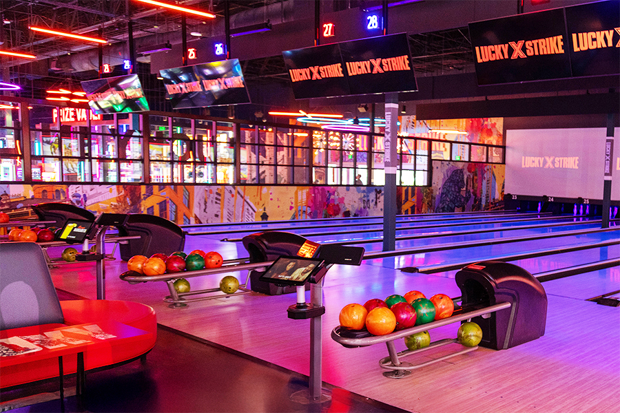 Beautiful bowling center with black light lanes
