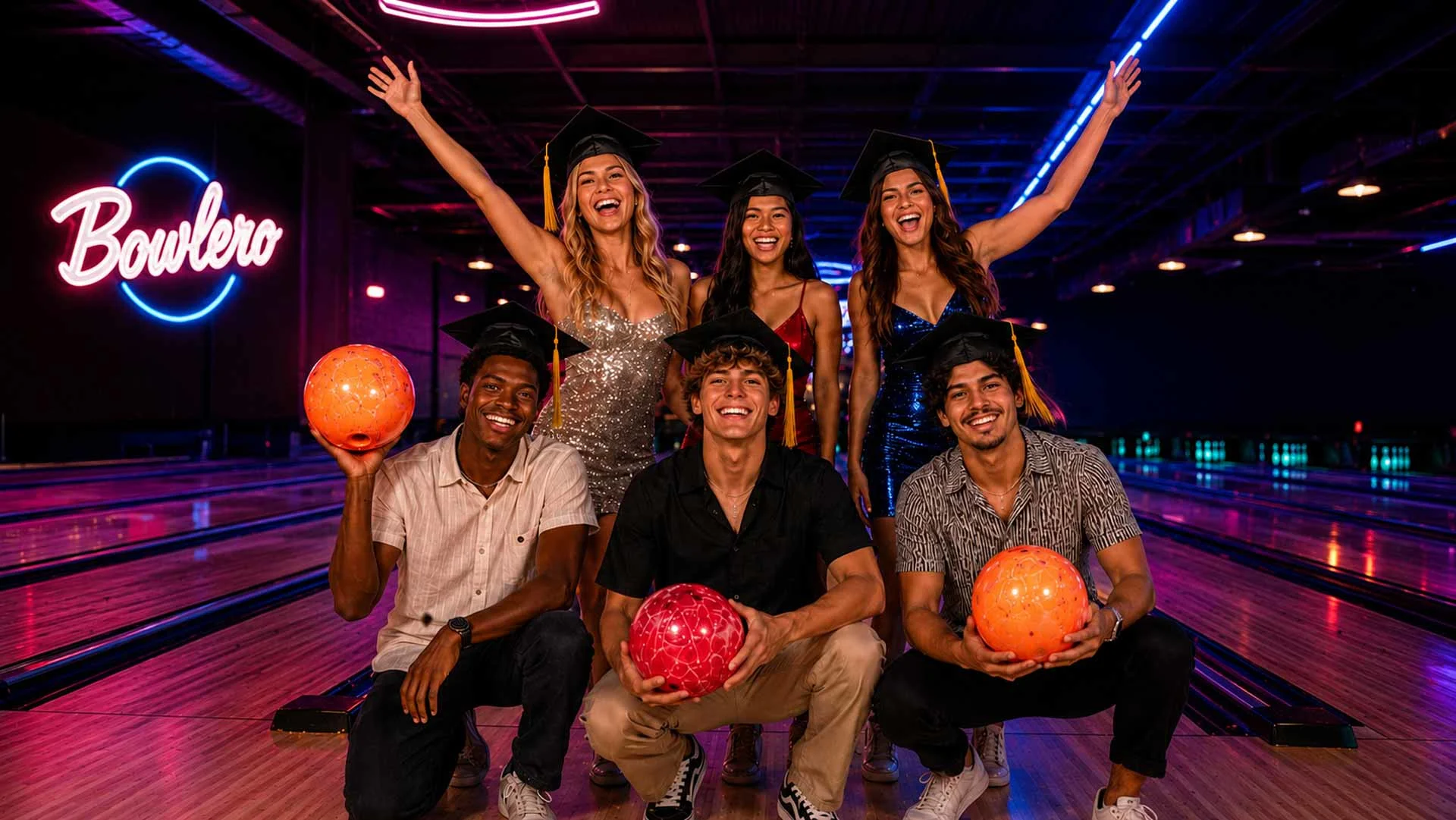 Six graduates wearing graduation caps celebrate with bowling balls in front of bowling lanes at a neon-lit Bowlero bowling center.
