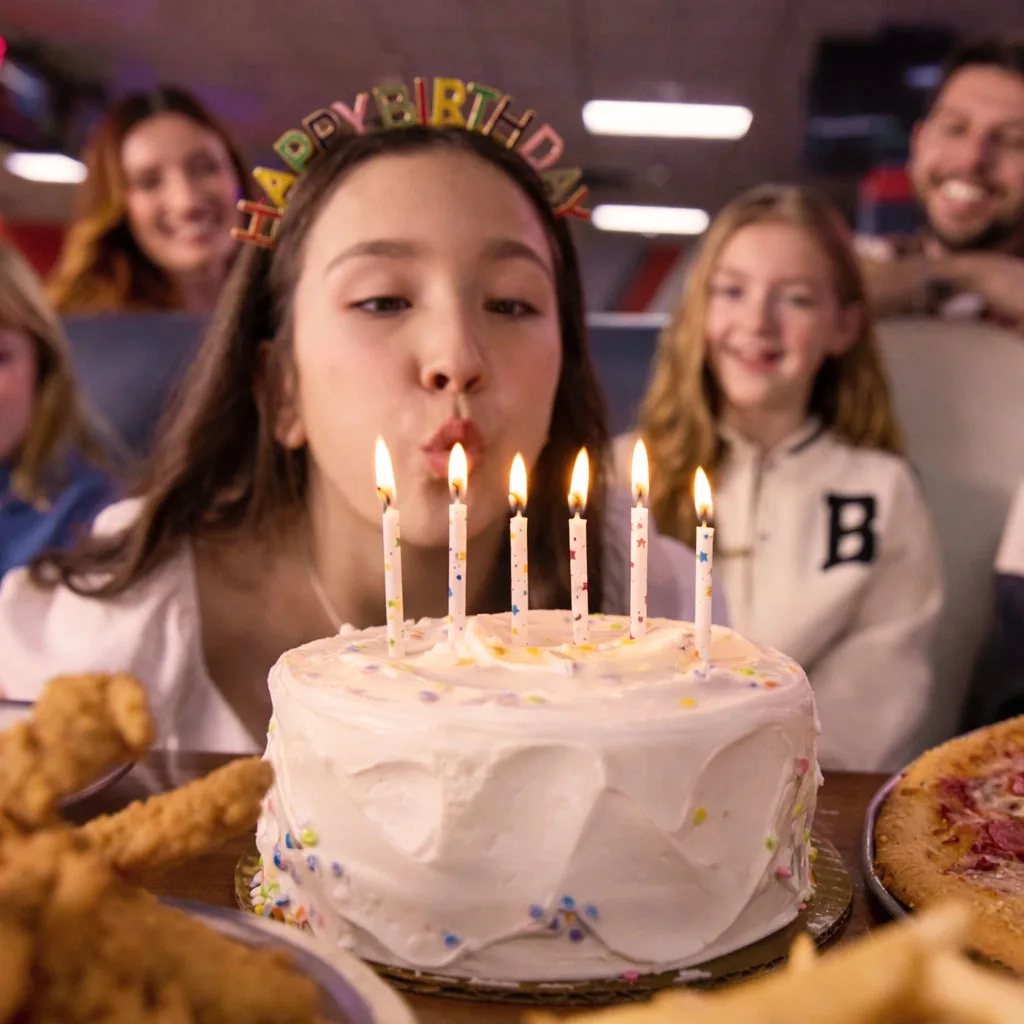 Girl wearing a “Happy Birthday” headband blows out lit candles on a white birthday cake while friends watch at a bowling alley party table with pizza and chicken tenders.