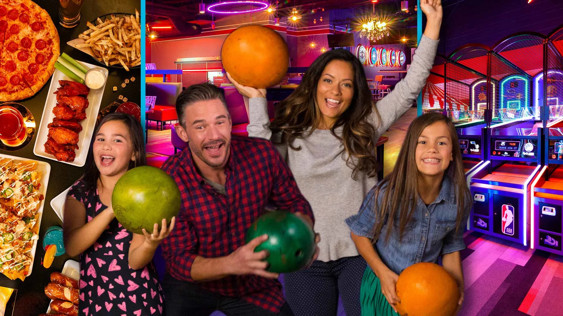 Family of four smiling and holding bowling balls at a bowling center with arcade games and shareable food in the background.