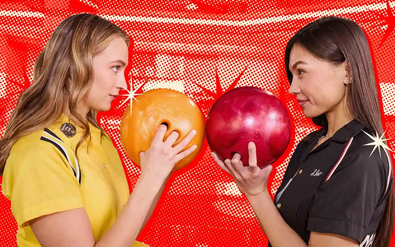 Two friends in retro bowling shirts facing off with orange and red bowling balls against a red halftone background with starburst graphics.