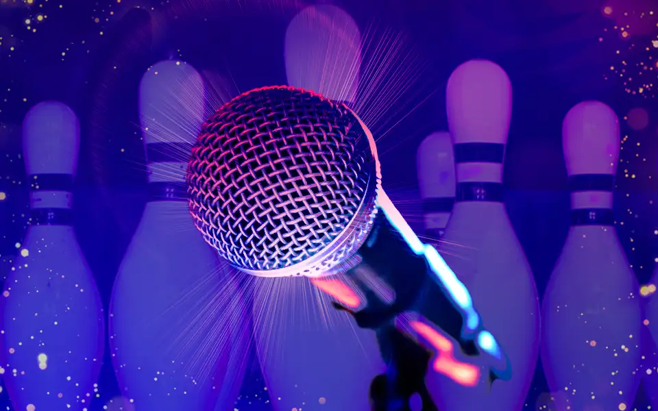 Microphone with bowling pins in the background