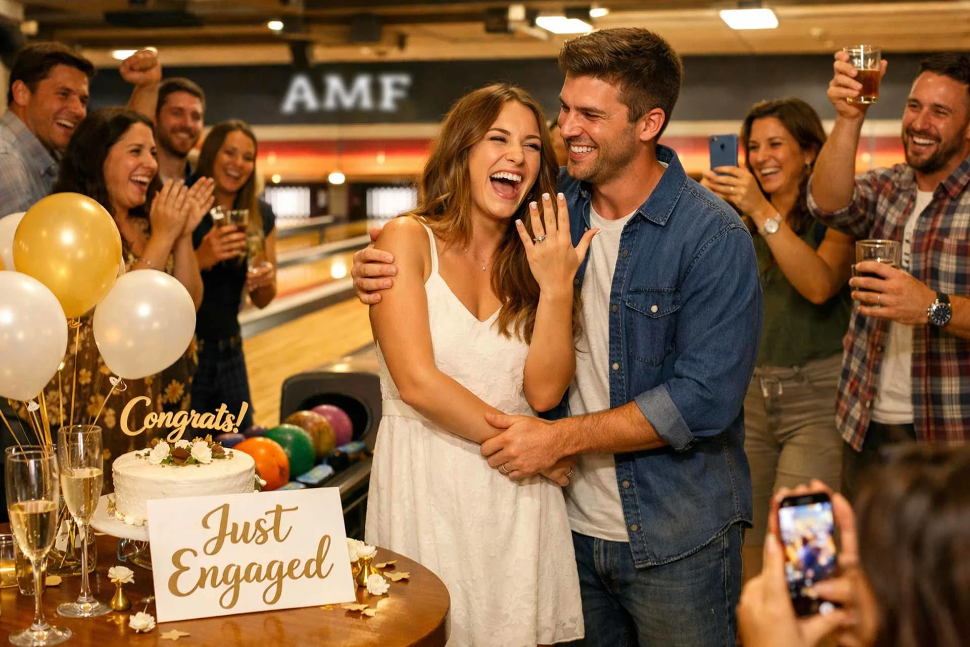 Warm, candid engagement party at an AMF bowling alley with a joyful couple showing an engagement ring, surrounded by cheering friends, balloons, and cake near the lanes.