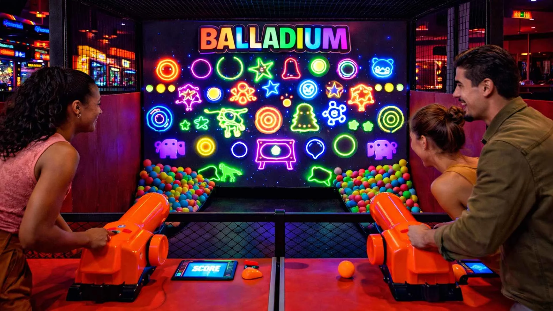 Group of friends playing Balladium at a Lucky Strike location, aiming foam balls at a colorful neon target wall in a vibrant arcade setting.