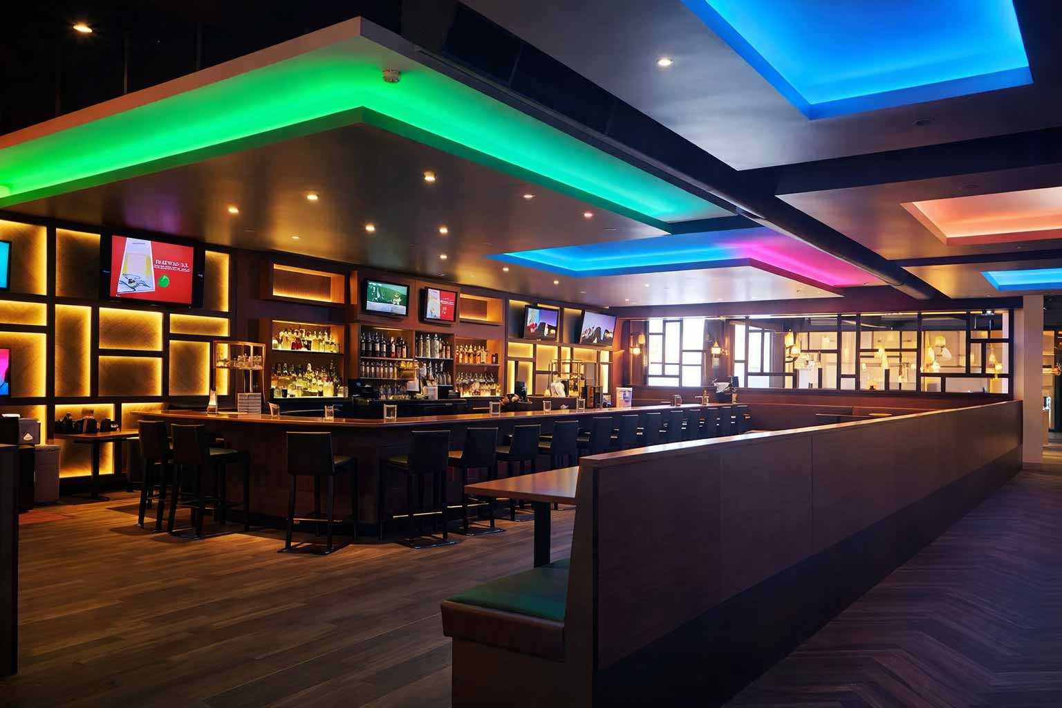 Large bar and restaurant with colorfully lit ceiling and lots of comfortable seating