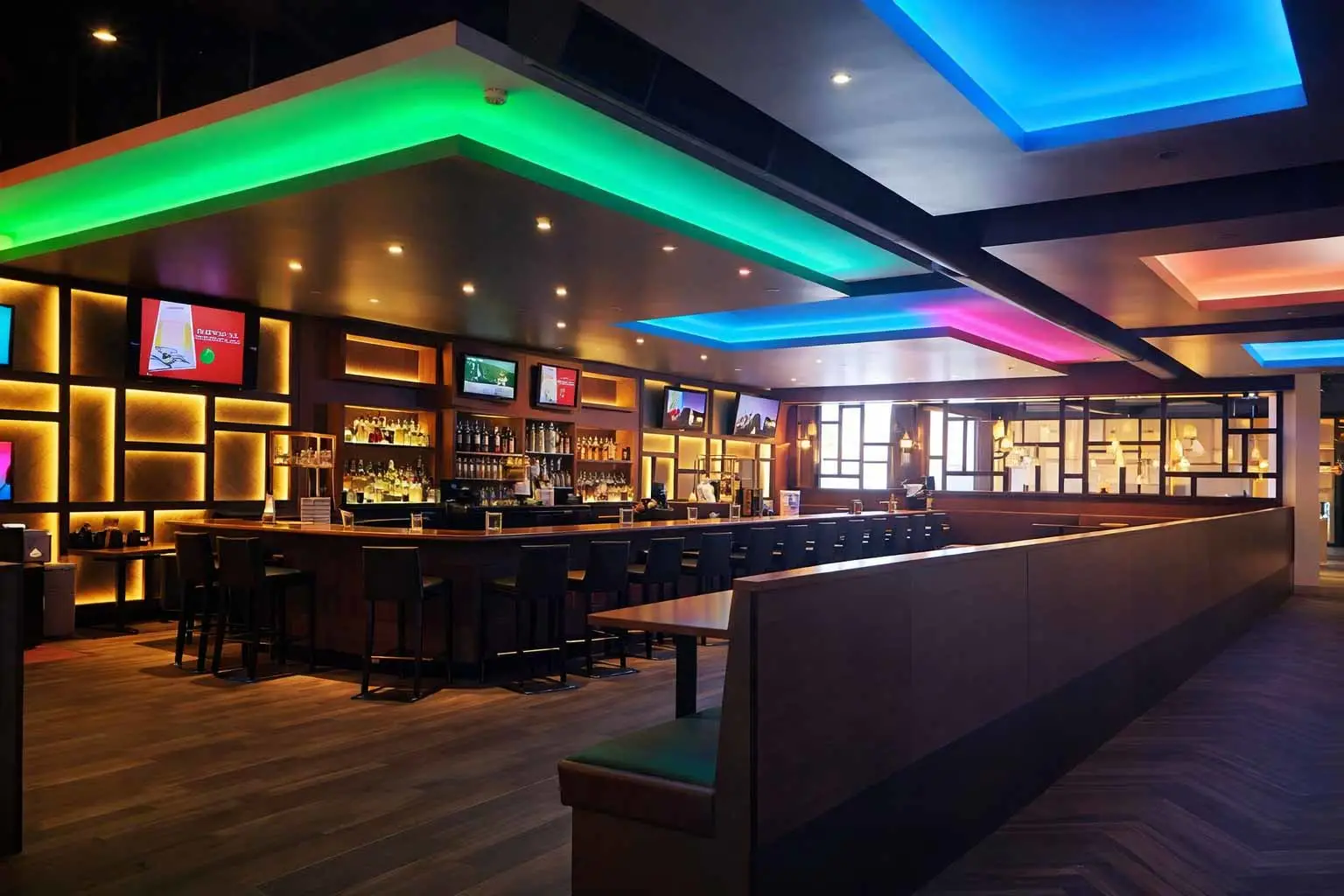 Large bar and restaurant with colorfully lit ceiling and lots of comfortable seating