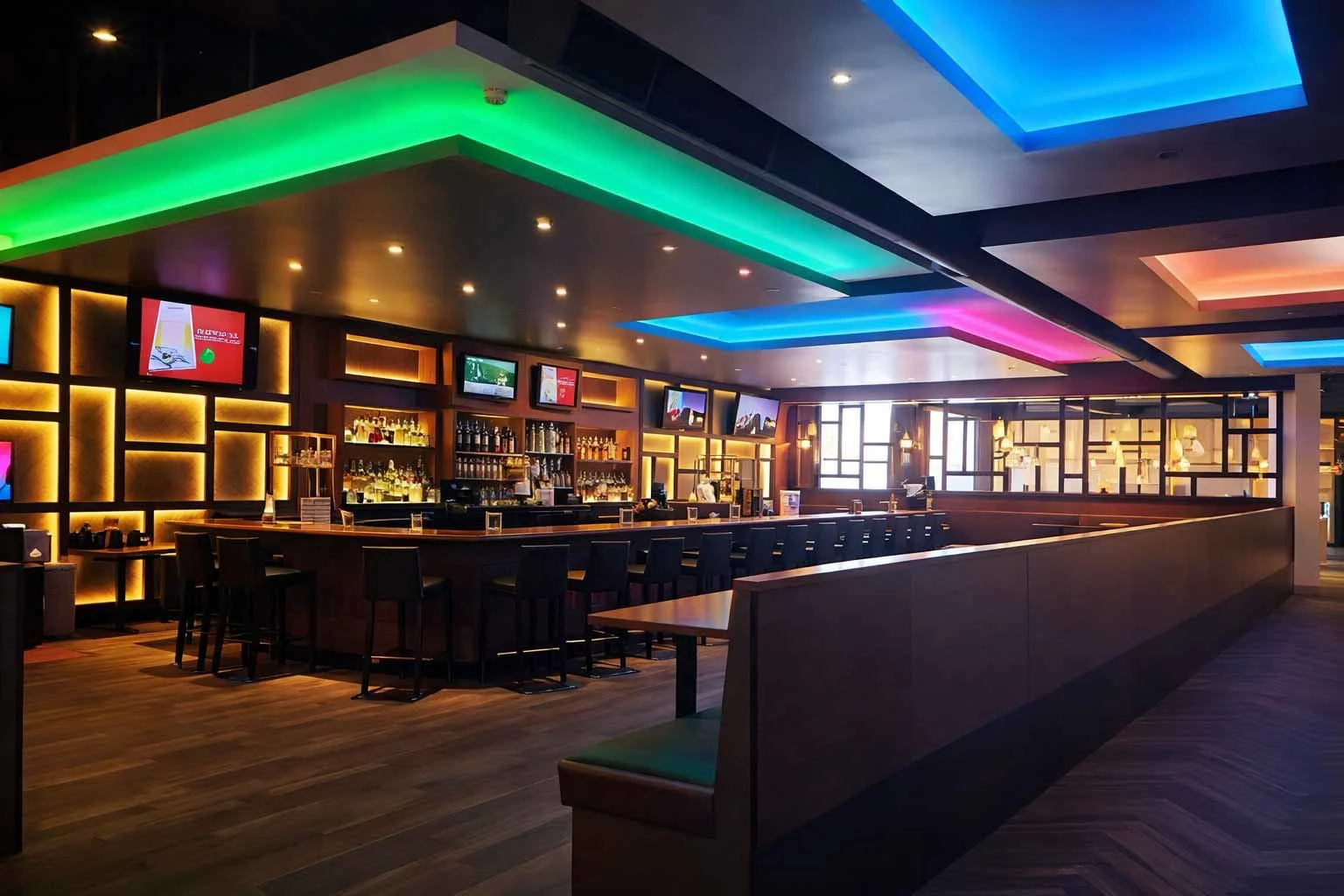 Large bar and restaurant with colorfully lit ceiling and lots of comfortable seating