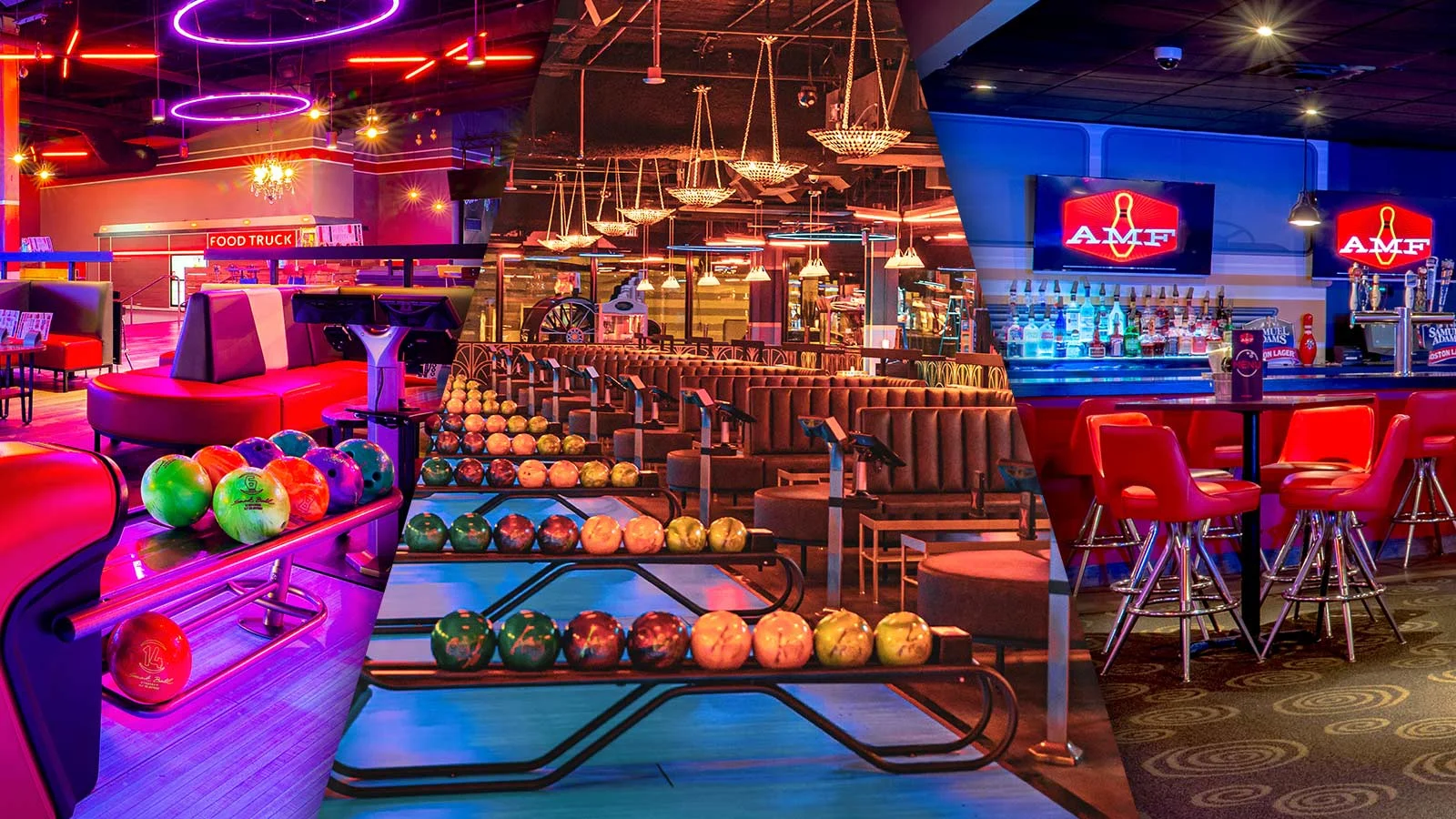 Colorful bowling balls lined up and a bar with large tvs.
