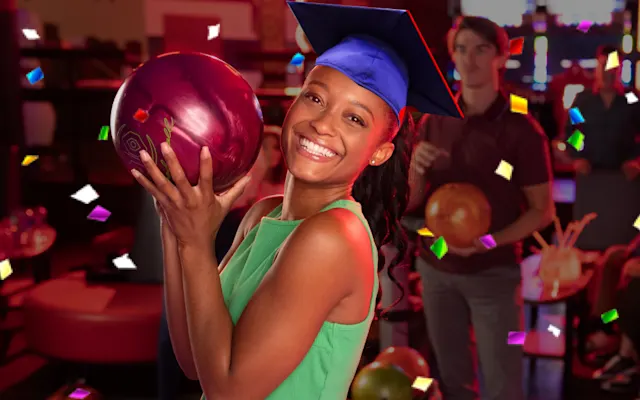 Young person wearing a graduation cap, holding a bowling ball.