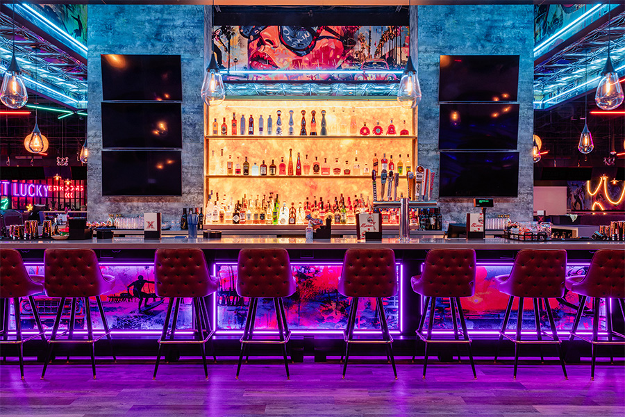 Large, beautiful bar with lots of seating