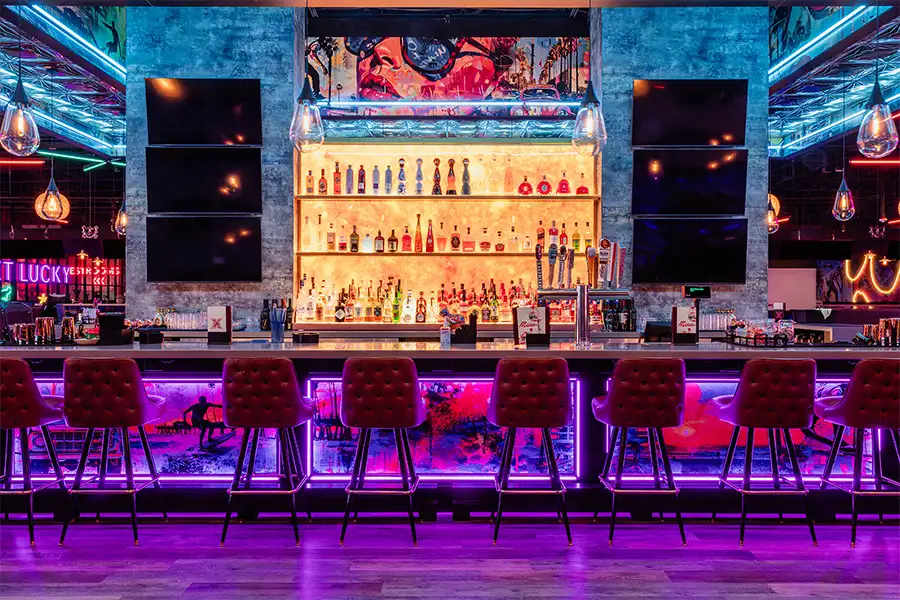 Large, beautiful bar with lots of seating
