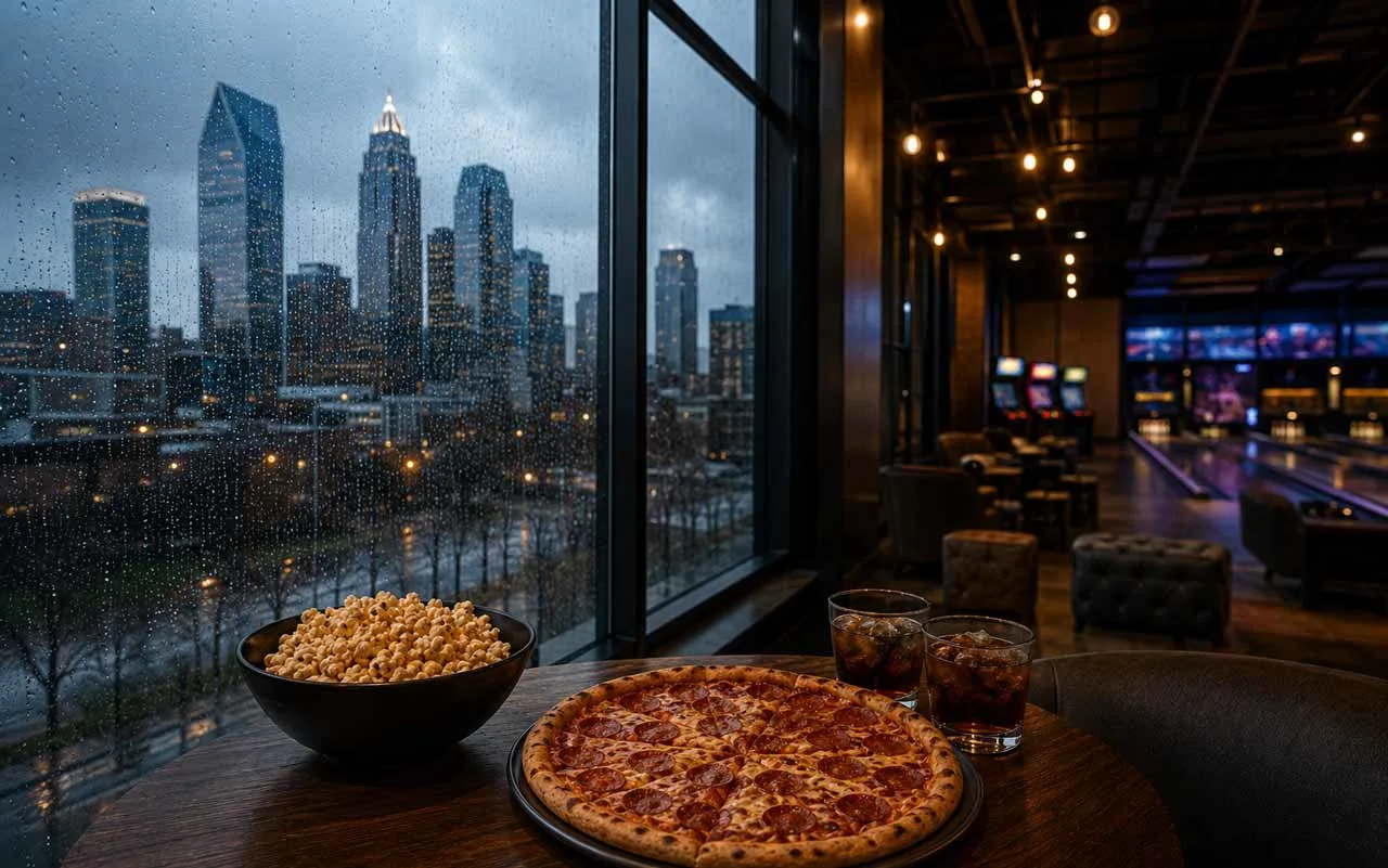 Rainy Charlotte skyline viewed through large windows beside a cozy indoor bowling lounge with pizza, popcorn, drinks, arcade games, and bowling lanes in the background.