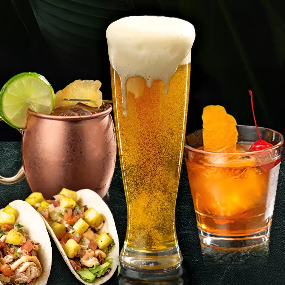 Tacos with a beer and cocktails