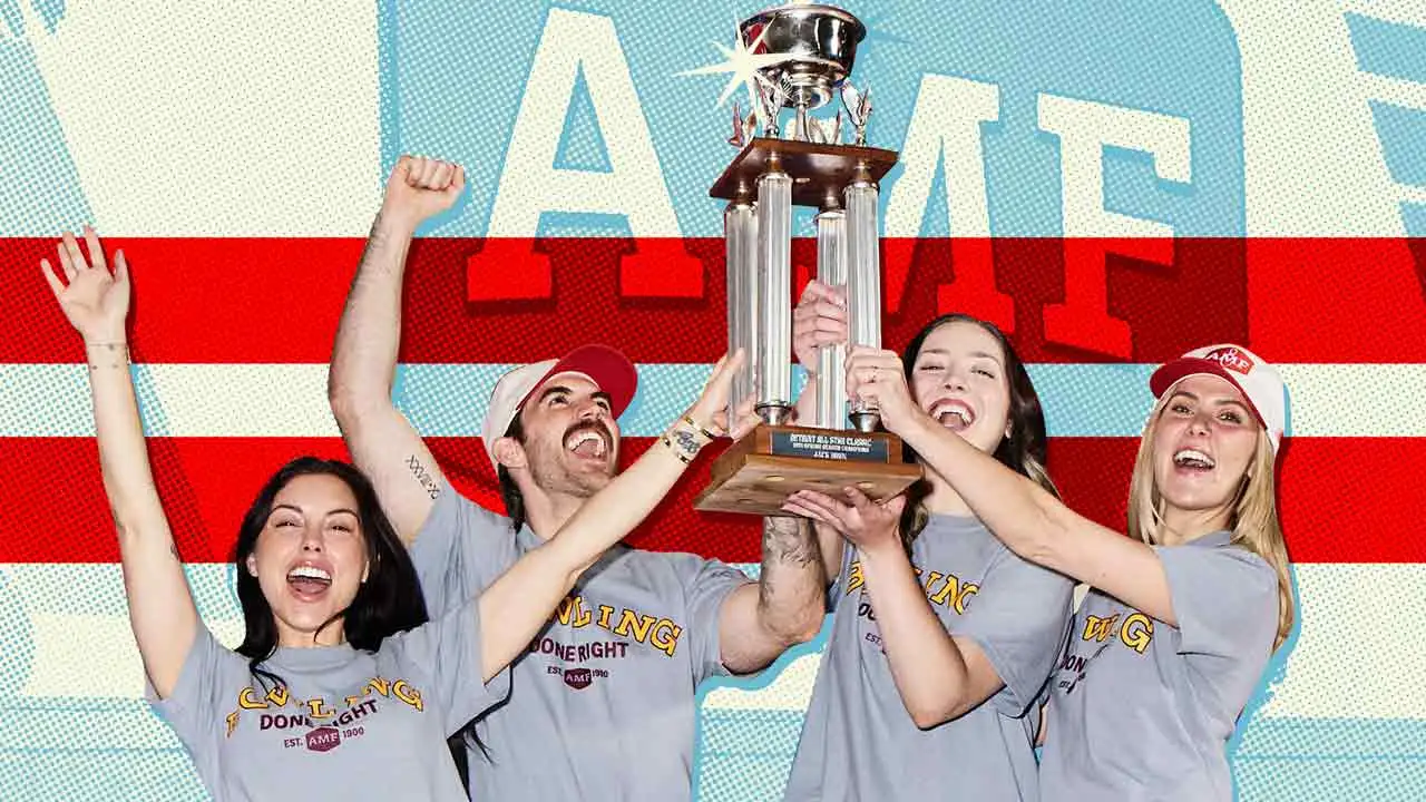 AMF Bowling league champions celebrating with a championship trophy, highlighting team competition, league bowling, and the excitement of winning together.