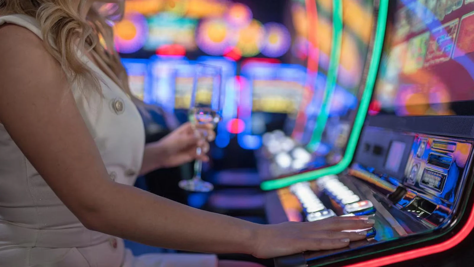 Woman playing video gambling machine with a drink