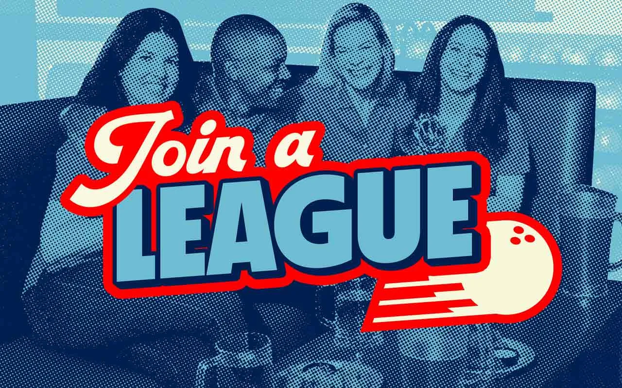 Bowling team celebrating a league victory with the words "Join a League" over the image.