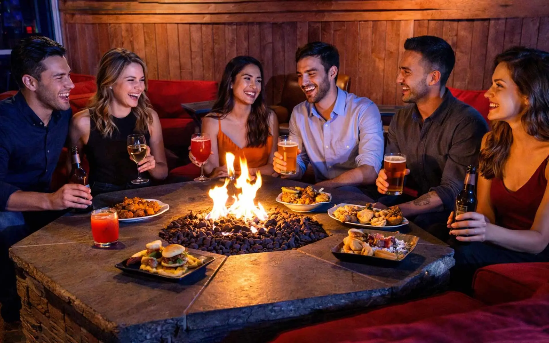 A group of young friends laughing and enjoying drinks and shareable food while gathered around an outdoor fire pit seating area at night.
