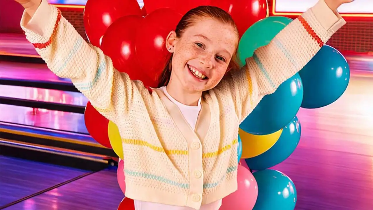 A girl at a birthday party in front of lanes with balloons at a Lucky Strike center.